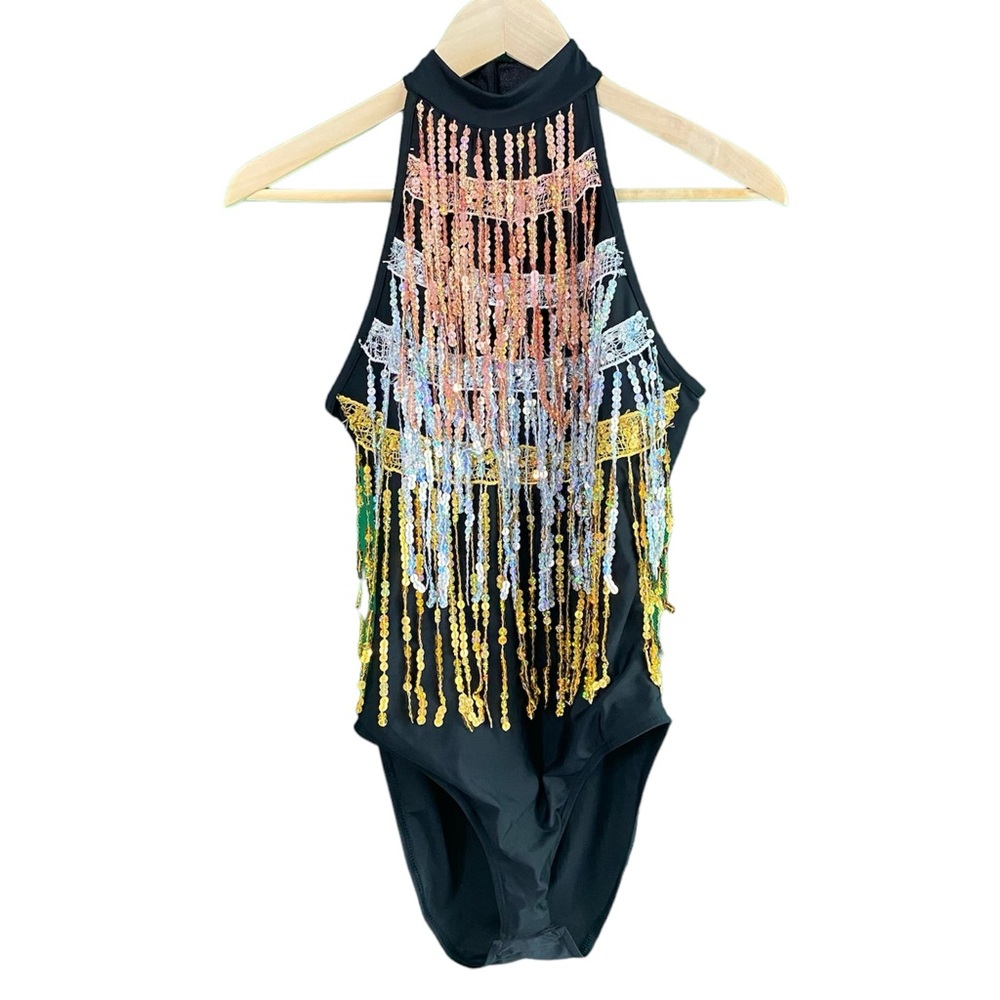 NWT Jaded London AS IS Black Sequin Fringe Sleeveless Bodysuit